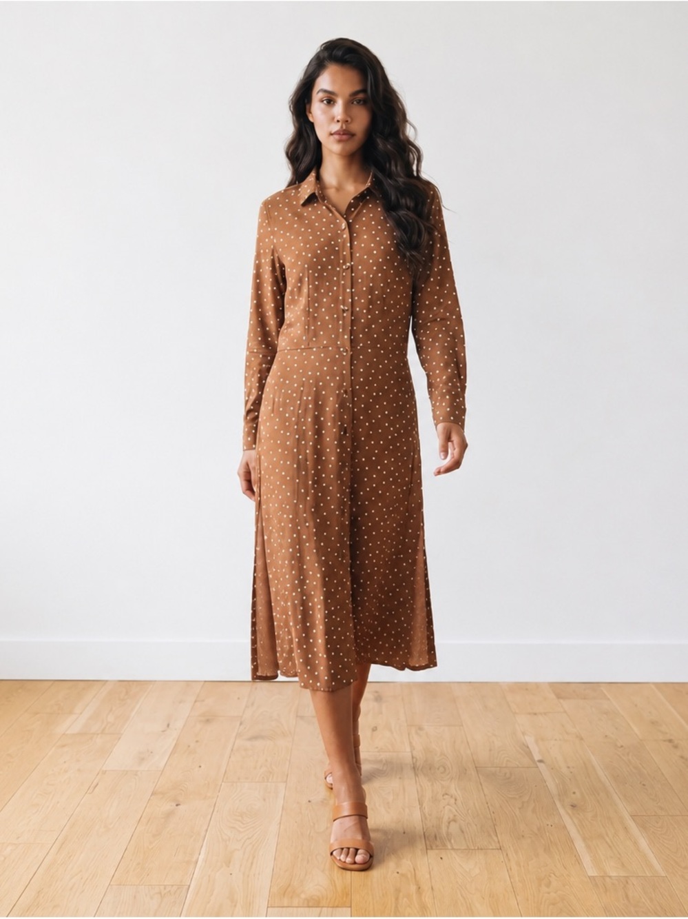 Like New Joe Fresh Brown and White Polka Dot Midi Shirt Dress Size Large